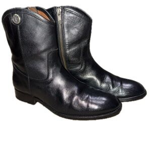 👢🐄 FRYE Black Leather Side‎ Zip Western Ankle Boots Moto Minimalist Sz 8